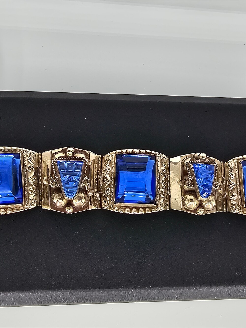 1940's Vintage Cobalt Glass And Sterling Silver Taxco Bracelet